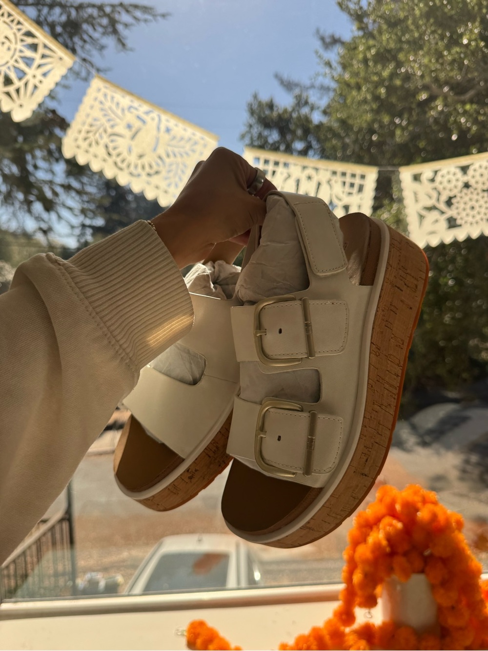 Fitflop White Cork Platform Double-Buckle Sandals